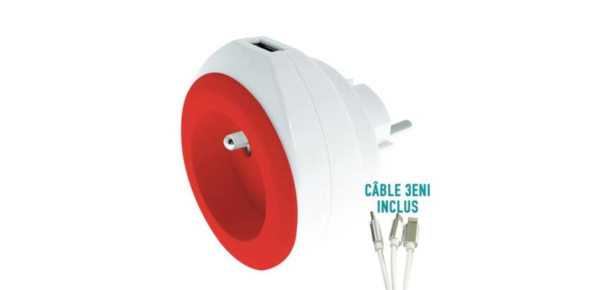 WATT&CO Chargeur secteur USB intégré - rouge - Câble 3 en 1 fourni