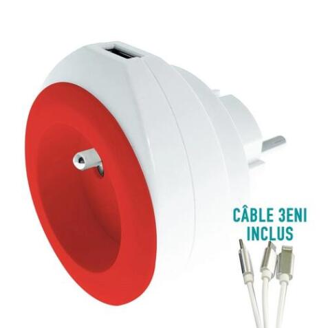 WATT&CO Chargeur secteur USB intégré - rouge - Câble 3 en 1 fourni