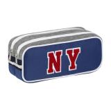 Trousse NY FASHION 2 cmpts polyester bleu marine et nylon snowflake gris. 22x9x6 cm. Coloris: Bleu