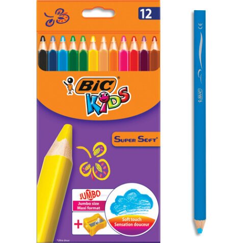 Crayon couleur bic kids super soft etui carton 12 unites +  1 taille-crayons