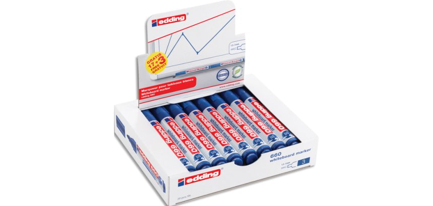 Marqueur edding e-660 tableaux blancs effacable a   sec pointe moyenne trace      1,5/3mm bleu pack 17 + 3