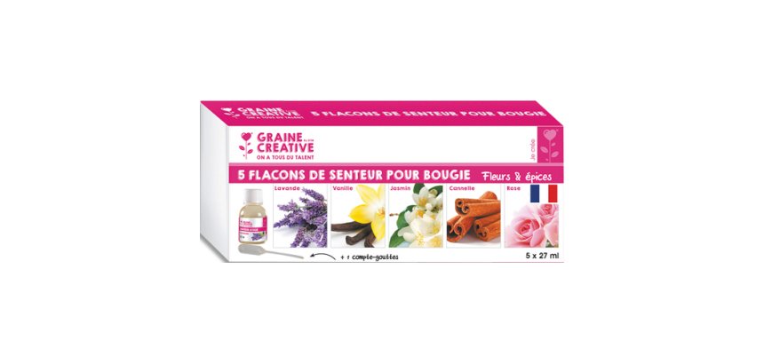 Lot flacons de parfums pour bougies graine creative 27 ml 5 parfums assortis 1 pipette  offerte
