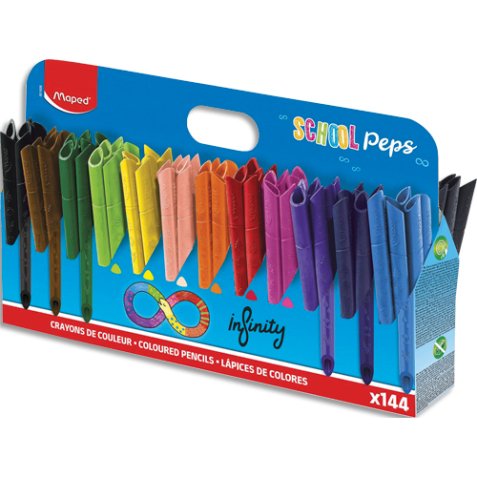 Schoolpack de 144 crayons de couleur INFINITY. Ne se taille pas. Corps creux et pointe biseautée