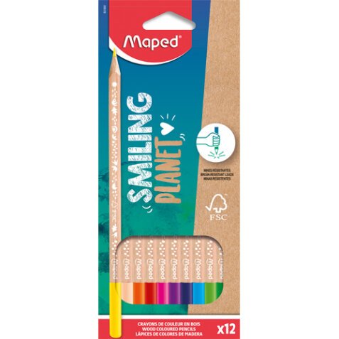 Boîte de 12 crayons en bois naturel 100% Smiling Planet, diamètre de 2,9 mm, FSC