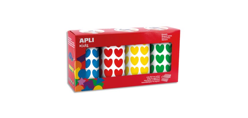 Gommettes coeur apli kids diametre 20 mm couleurs assorties boite de 4 rouleaux 7080 unites