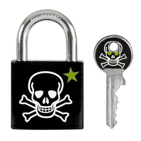 Cadenas métal massif 30mm, anse acier cémenté 5mm. Dble verrouillage, 2 clés. Tête de Mort