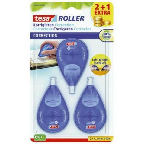 Lot de 3 Rollers de correction. Ruban 4,2mm x 10m. Pour droitier et gaucher. Plastique 100% recyclé