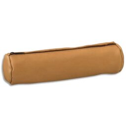 Trousse fourre-tout ronde en cuir naturel. Coloris Beige. Dimensions : 21 x 6 x 6 cm