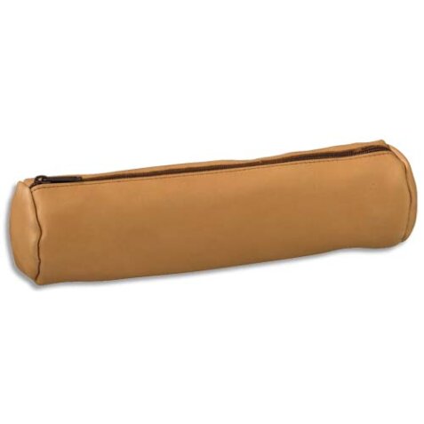 Trousse fourre-tout ronde en cuir naturel. Coloris Beige. Dimensions : 21 x 6 x 6 cm