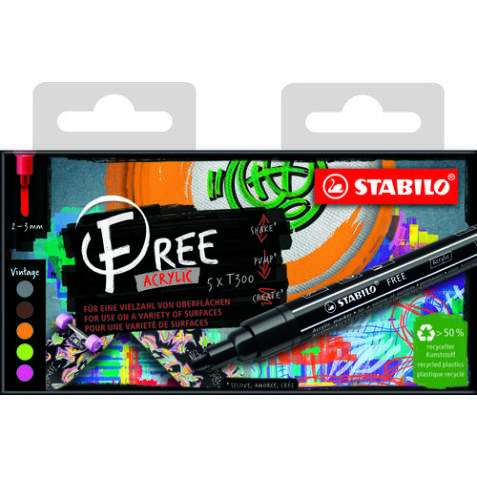 Etui carton x 5 marqueurs pointe moyenne FREE acrylic T300 - Set 3 ''Vintage''