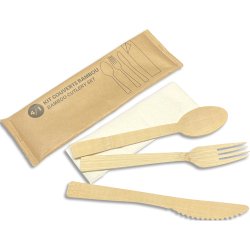 Sachet 100 Kits couvert bois 4 en 1 (Fourchette, Couteau, Cuillère, Serviette) 4100KIT
