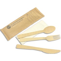 Sachet 100 Kits couvert bambou 4 en 1 (Fourchette, Couteau, Cuillère, Serviette) 4100KITB