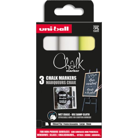 Set de 3 marqueurs craie CHALK MARKER, pointe biseautée large. Coloris : 2 blanc, 1 jaune fluo