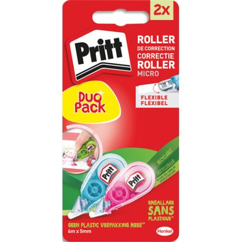 Blister de 2 mini rollers correction frontal jetable PRITT. Capuchon protection.Dimensions 5mm x 6m