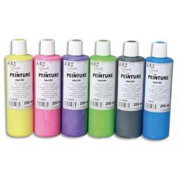 Lot de 6 flacons 250ml gouache. Assortis nacré : Jaune, Rose, Violet, Vert, Noir, Bleu