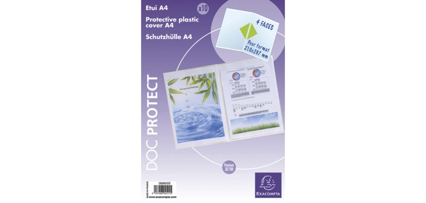 Sachet de 10 étuis de protection doubles PVC Haute Qualité 30/100e - A4 - Cristal