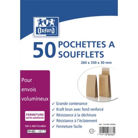 Paquet de 50 pochettes kraft auto-adhésives 120g format 24 260x330 mm, soufflet 30 mm