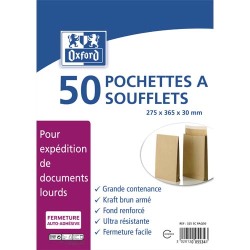 Paquet de 50 pochettes kraft armé blond auto-adhésives 120g format 275x365 mm à soufflets de 30 mm