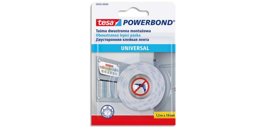 Adhésif de fixation double-face universel - Largeur 19 mm x longueur 1,5 m