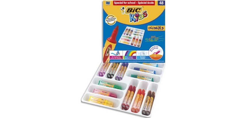 Feutre coloriage bic kids decoralo pointe ogive extra large bloquée 12 couleurs assorties spécial école 48 unités