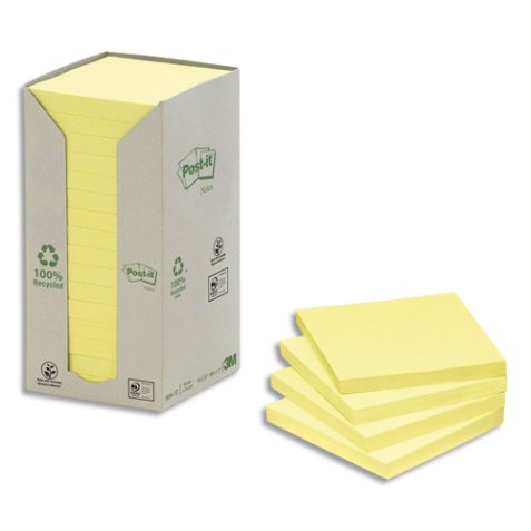 Tour 16 blocs 100 feuilles 76 X 76 mm 100 % recyclé. Coloris Jaune