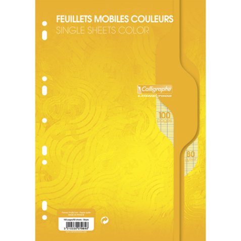 Copies simples Jaune perf 2 trous 80g 100pages grands carreaux Seyès format A4. Film-CAL 7000