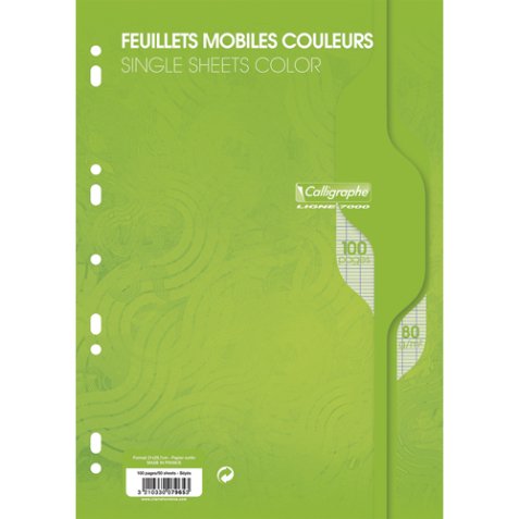 Copies simples Vert perf 2 trous 80g 100 pages grands carreaux Seyès format A4. Film-CAL 7000
