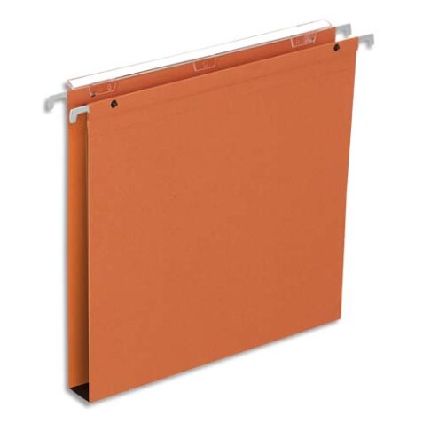 Boîte de 25 dossiers suspendus TIROIR, kraft 220g. Fond 30, volet agrafage+pression.Coloris Orange