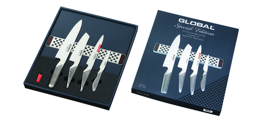 Set de 4 couteaux Global + barre magnétique inox