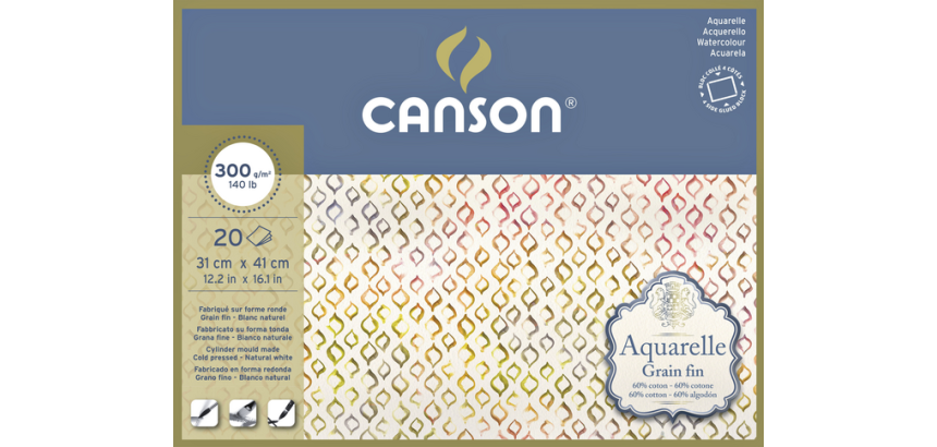Bloc Aquarelle Canson 31x41cm 20 feuilles 300g Fin collé
