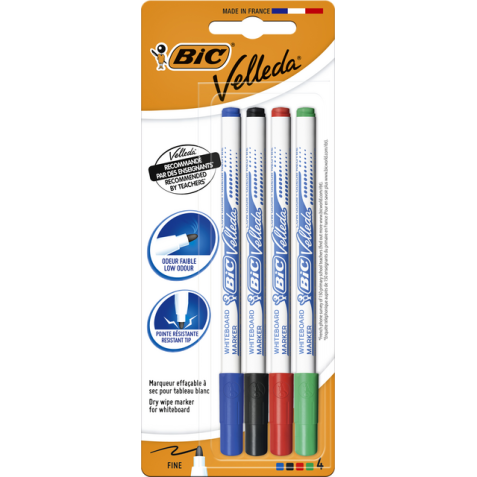 Marqueur tableau blanc BIC 1721 Velleda ogive Fin assorti blister 4 pièces