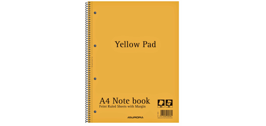 Bloc spirale Aurora Yellow Pad A4 ligné 4 perf 160 pages 80g jaune