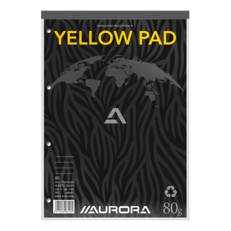 Bloc-notes Aurora A4 ligné 80 feuilles JAUNE