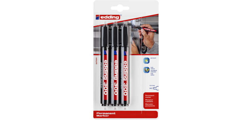 edding 300 marker chisel tip 1.5-3mm black blister pack of 3 pieces