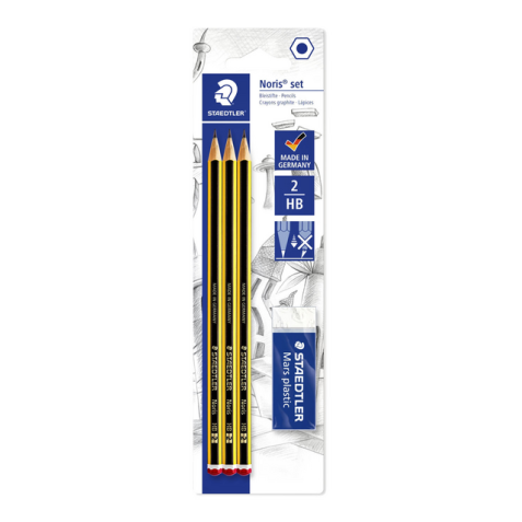 Crayon Staedtler Noris HB blister 3 pièces avec gomme