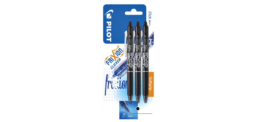 PILOT FriXion Clicker Rollerball Medium Black Blister Pack of 3 Pieces