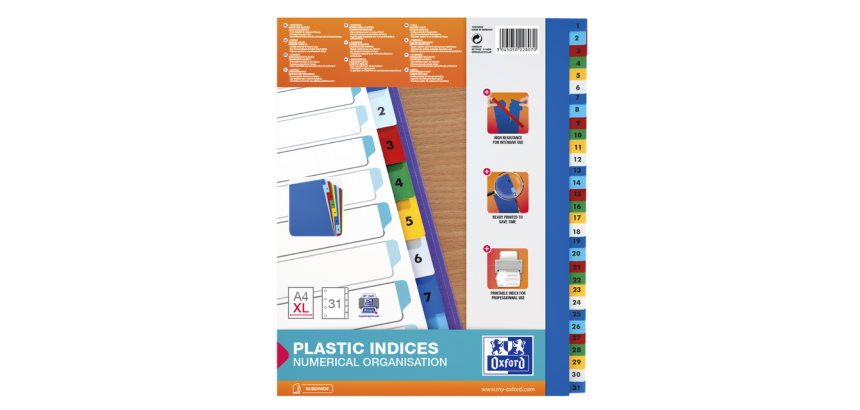Tabbladen Oxford A4+ 11-gaats 1-31 PP kleur