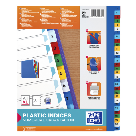 Intercalaires Oxford A4+ 11 trous 1-31 PP couleur