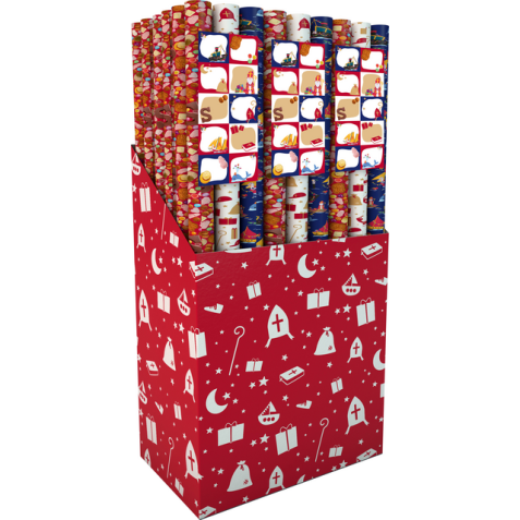 Inpakpapier sint 200x70cm set à 3 rollen + stickervel met 10 etiketten assorti