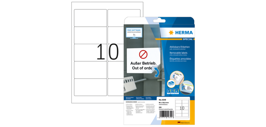 Removable label HERMA 4349 A4 96x50.8mm white 250 labels