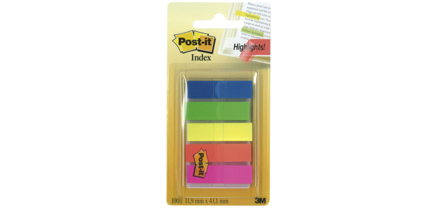 Post-it index translucent, ft 11,9 x 43,2 mm, dévidoir avec 20 onglets en 5 couleurs assorties