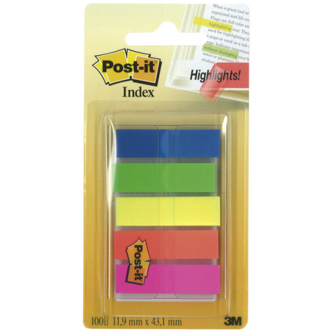 Post-it index translucent, ft 11,9 x 43,2 mm, dévidoir avec 20 onglets en 5 couleurs assorties