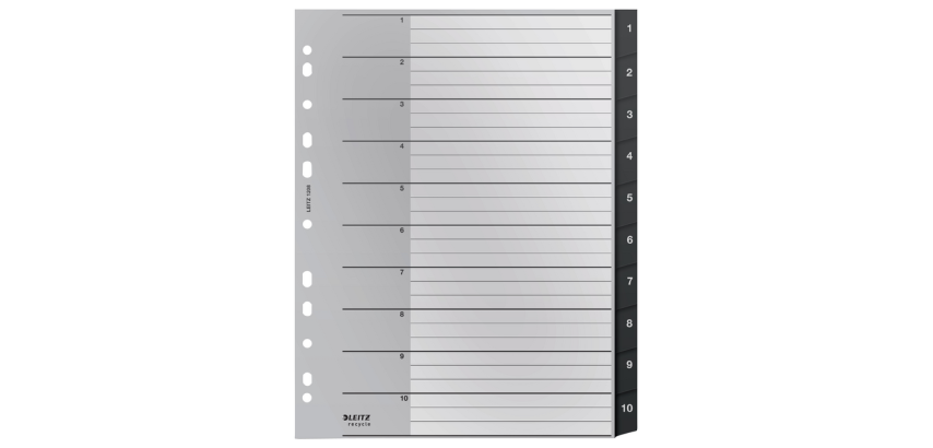 Intercalaires Leitz Recycle A4 11 trous 1-10 Extra Large PP noir