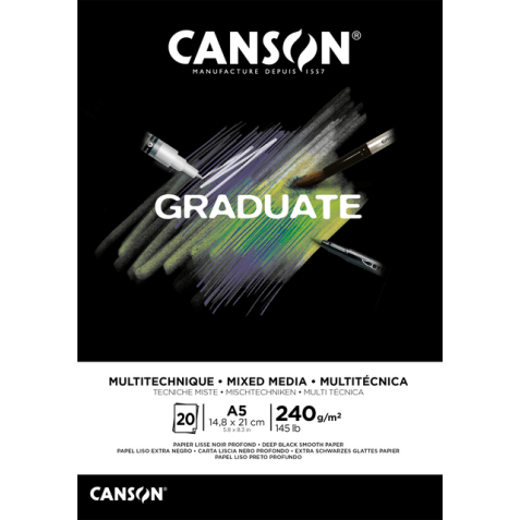 Tekenblok Canson Graduate Mixed Media black paper A5 20vel 240gr