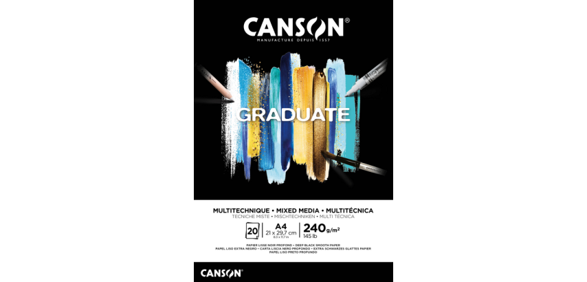 Bloc à dessin Canson Graduate Mixed Media Black paper A4 20 feuilles 240g noir