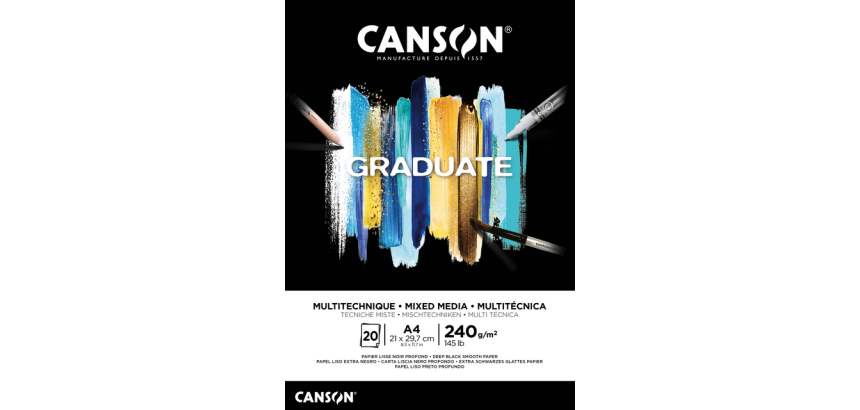 Bloc à dessin Canson Graduate Mixed Media Black paper A4 20 feuilles 240g noir