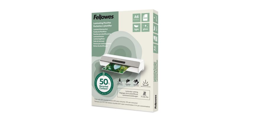 Fellowes A6 Laminating Pouches 2x75 micron Recycled Glossy 100 Pieces