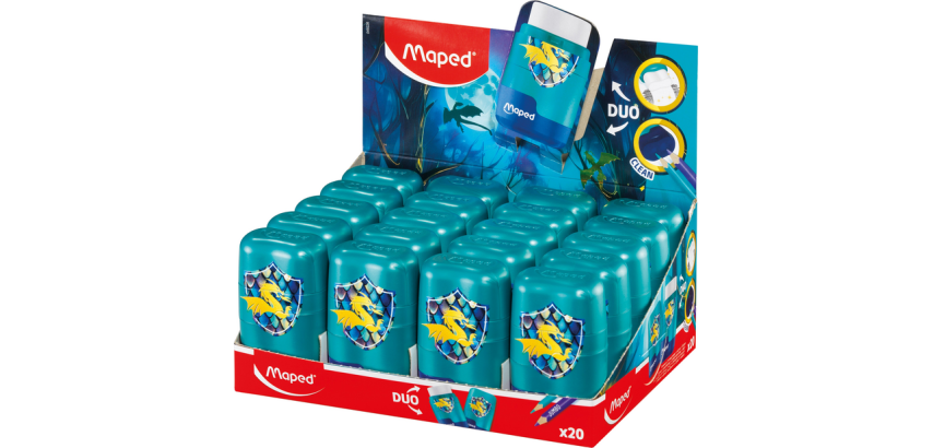 Maped Connect Dragon Pencil Sharpener 2 Holes with Eraser Display 20 Pieces Blue