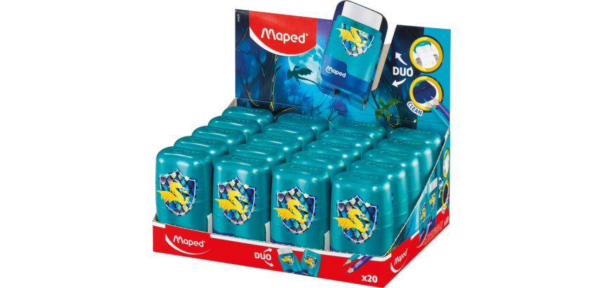 Puntenslijper Maped Connect Dragon 2-gaats met gum display a 20 stuks blauw