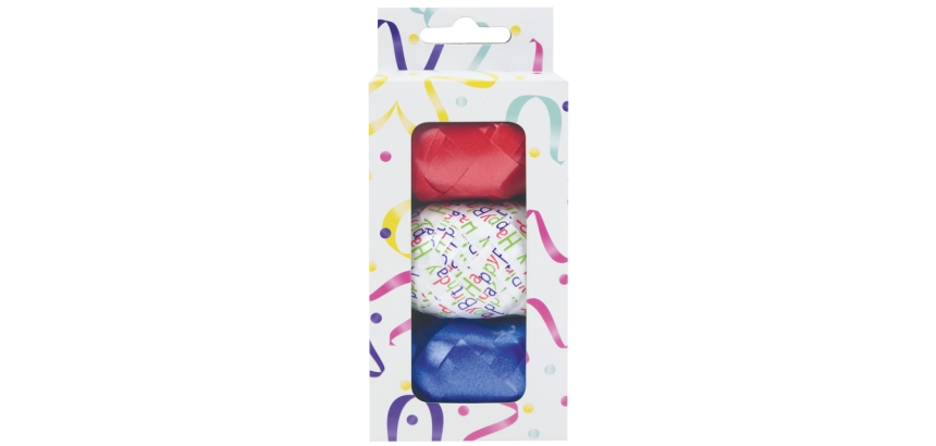 Gift ribbon 3 colors red, blue, and white with happy birthday